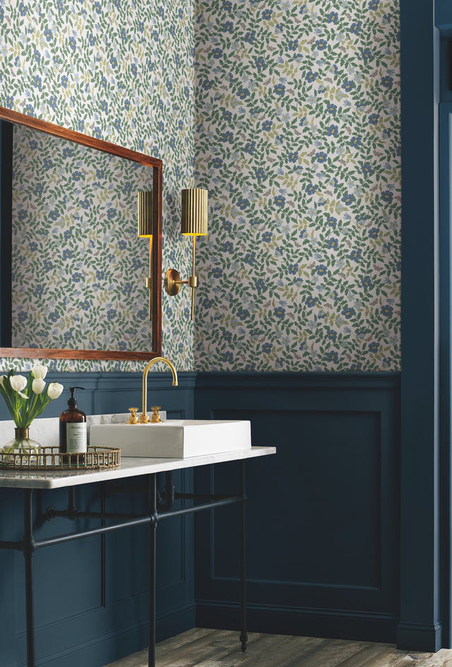 Primrose Blue & White Peel & Stick Wallpaper with Floral and Butterfly Motif - York PSW1316RL
