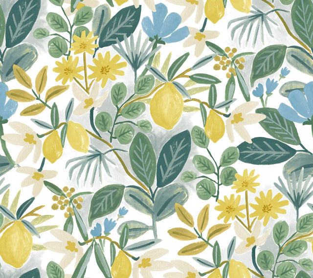 Amalfi Blue & Green Peel & Stick Wallpaper with Botanical Lemon Motif - York PSW1318RL