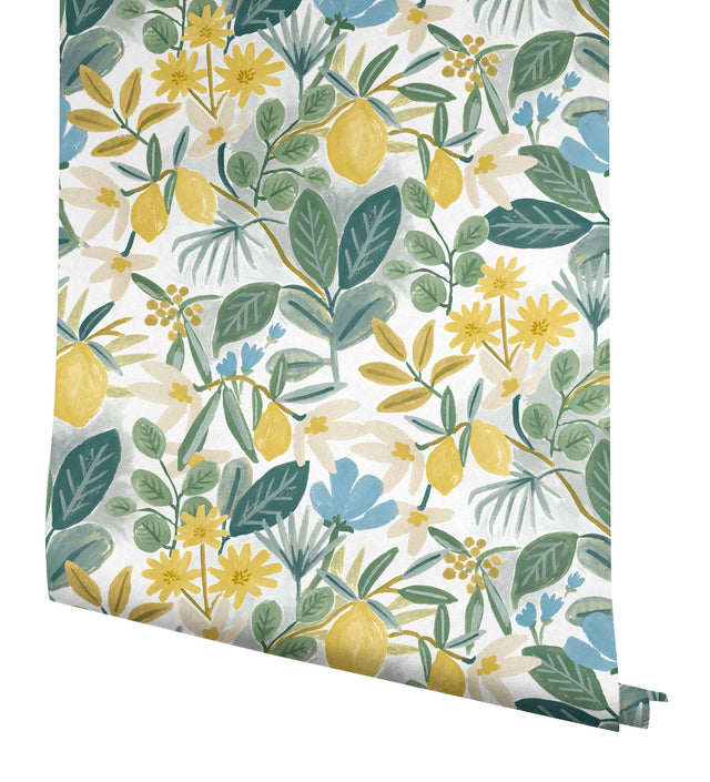 Amalfi Blue & Green Peel & Stick Wallpaper with Botanical Lemon Motif - York PSW1318RL