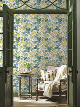 Amalfi Blue & Green Peel & Stick Wallpaper with Botanical Lemon Motif - York PSW1318RL