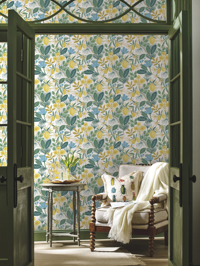 Amalfi Blue & Green Peel & Stick Wallpaper with Botanical Lemon Motif - York PSW1318RL