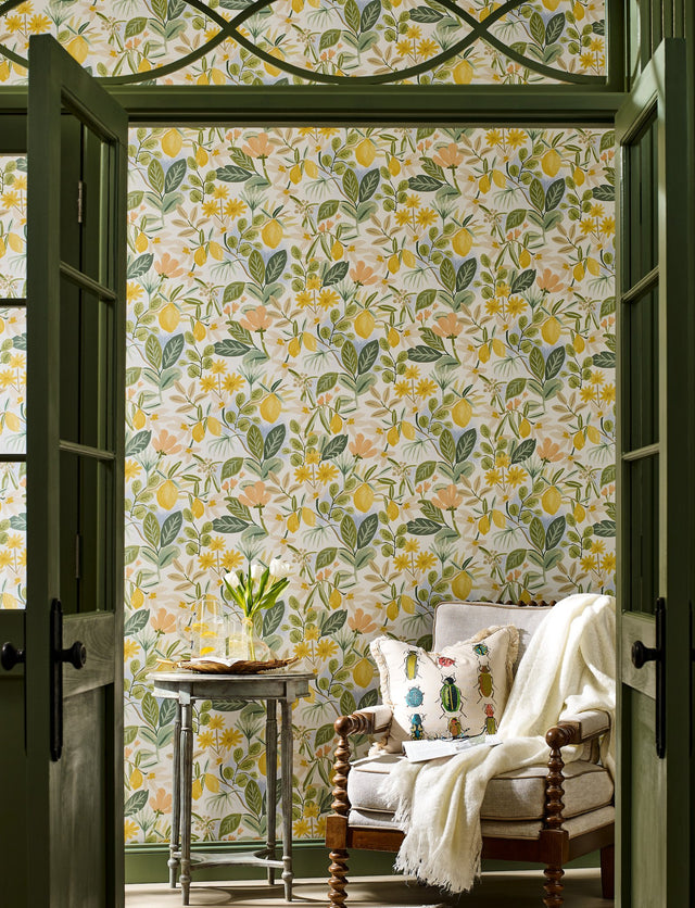 Amalfi Pink & Green Peel & Stick Wallpaper with Botanical Lemon Grove Motif - York PSW1319RL