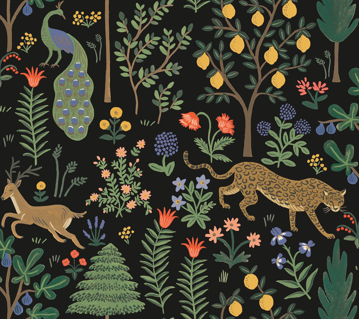 Menagerie Black Peel & Stick Wallpaper with Illustrated Animal and Botanical Motif - York PSW1321RL