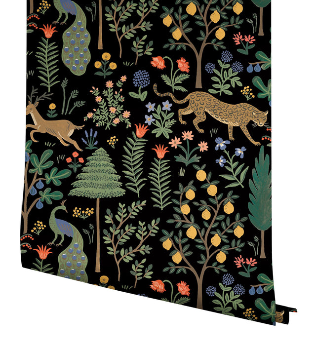 Menagerie Black Peel & Stick Wallpaper with Illustrated Animal and Botanical Motif - York PSW1321RL