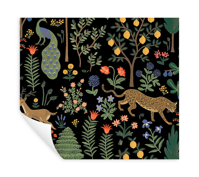 Menagerie Black Peel & Stick Wallpaper with Illustrated Animal and Botanical Motif - York PSW1321RL