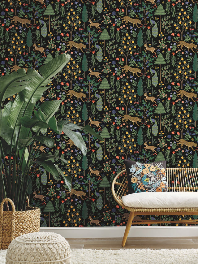 Menagerie Black Peel & Stick Wallpaper with Illustrated Animal and Botanical Motif - York PSW1321RL