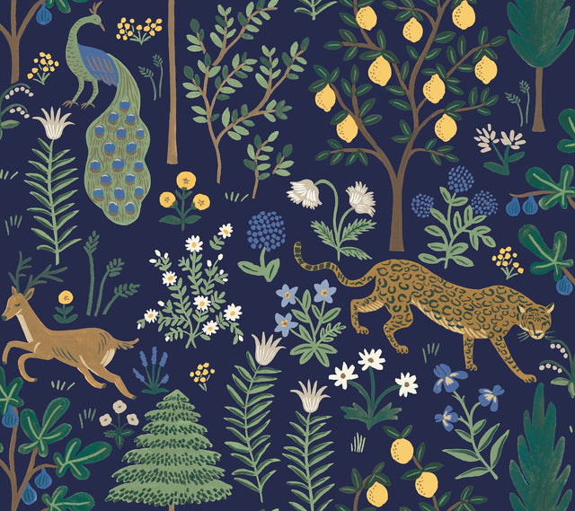 Menagerie Blue Peel & Stick Wallpaper with Illustrated Animal and Botanical Motif - York PSW1323RL