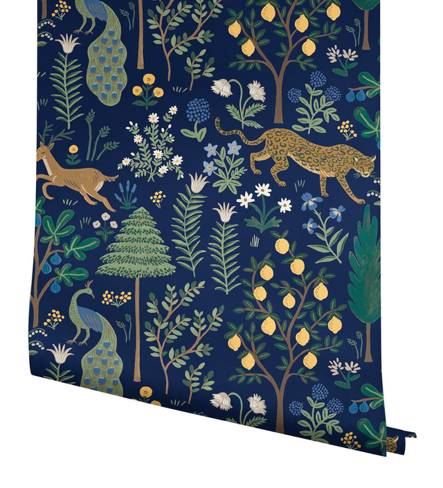Menagerie Blue Peel & Stick Wallpaper with Illustrated Animal and Botanical Motif - York PSW1323RL