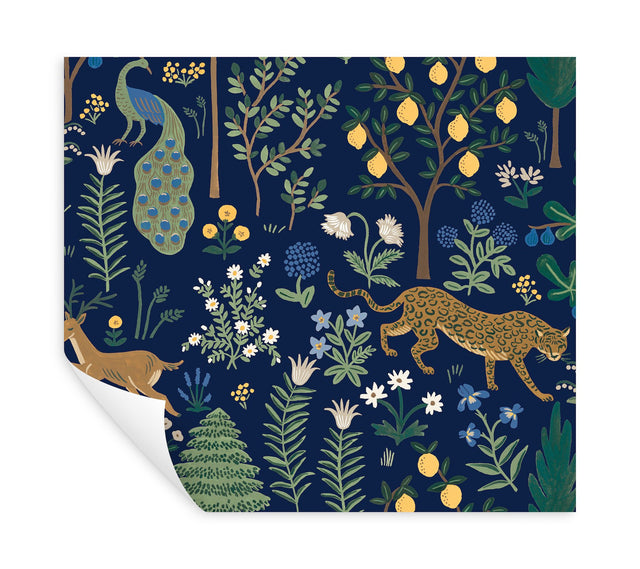 Menagerie Blue Peel & Stick Wallpaper with Illustrated Animal and Botanical Motif - York PSW1323RL