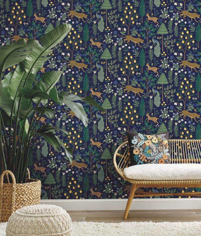 Menagerie Blue Peel & Stick Wallpaper with Illustrated Animal and Botanical Motif - York PSW1323RL