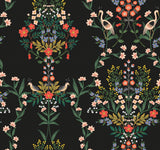 Luxembourg Black Peel & Stick Wallpaper with Botanical Bird Medallion Pattern - York PSW1326RL