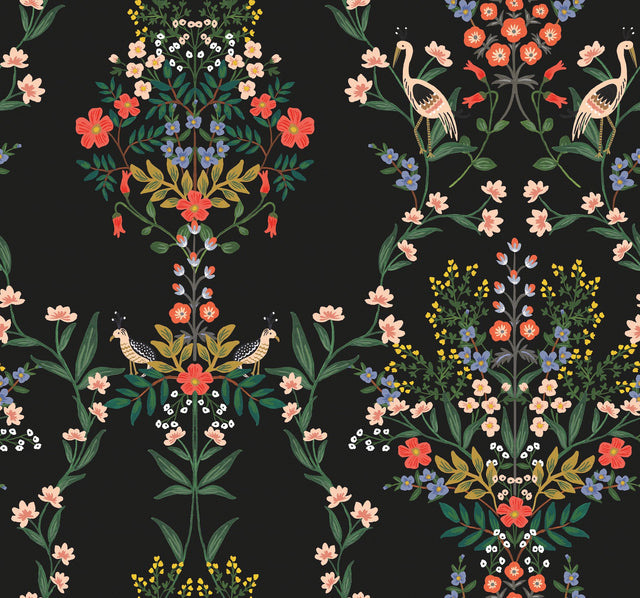 Luxembourg Black Peel & Stick Wallpaper with Botanical Bird Medallion Pattern - York PSW1326RL