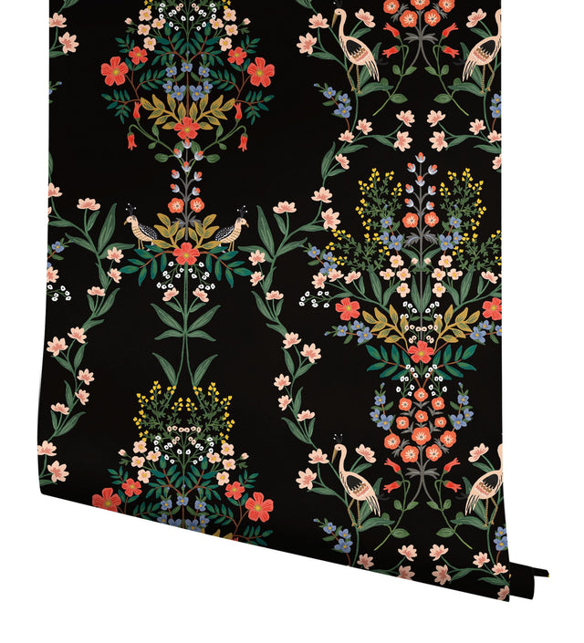 Luxembourg Black Peel & Stick Wallpaper with Botanical Bird Medallion Pattern - York PSW1326RL