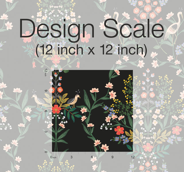 Luxembourg Black Peel & Stick Wallpaper with Botanical Bird Medallion Pattern - York PSW1326RL