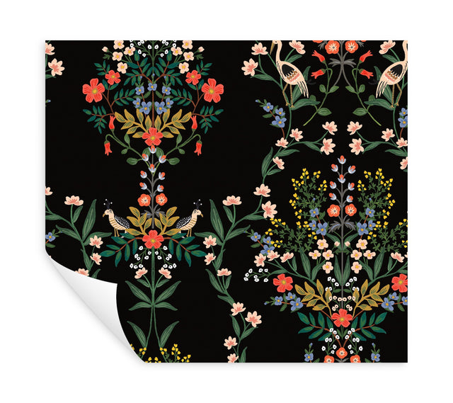 Luxembourg Black Peel & Stick Wallpaper with Botanical Bird Medallion Pattern - York PSW1326RL