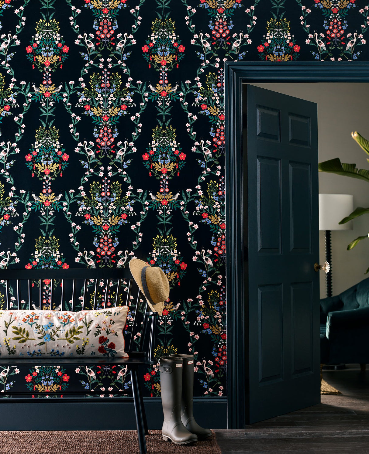 Luxembourg Black Peel & Stick Wallpaper with Botanical Bird Medallion Pattern - York PSW1326RL