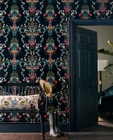Luxembourg Black Peel & Stick Wallpaper with Botanical Bird Medallion Pattern - York PSW1326RL
