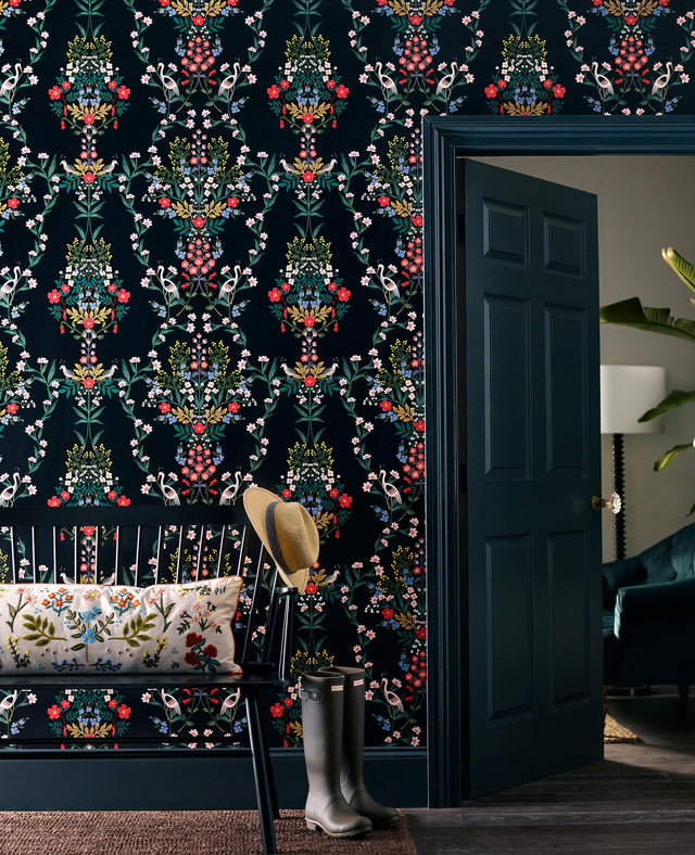 Luxembourg Black Peel & Stick Wallpaper with Botanical Bird Medallion Pattern - York PSW1326RL