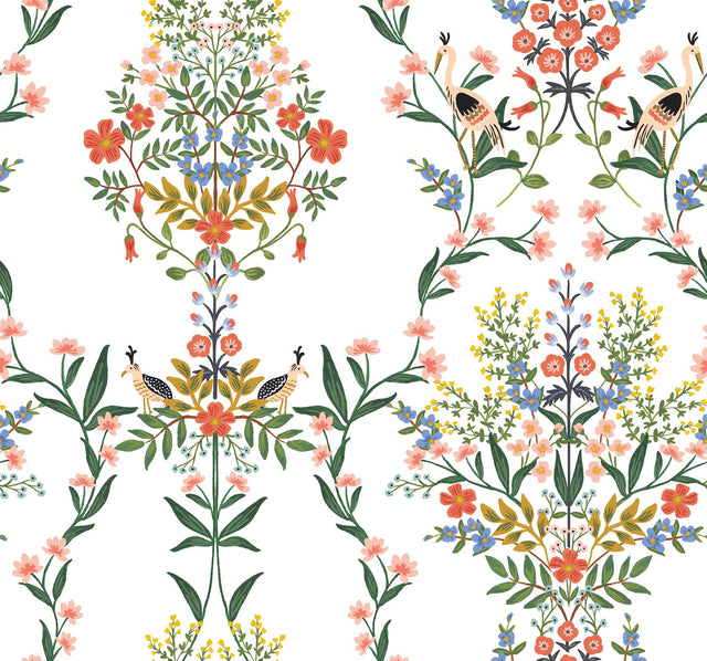 Luxembourg White Peel & Stick Wallpaper with Botanical Bird Medallion Pattern - York PSW1327RL