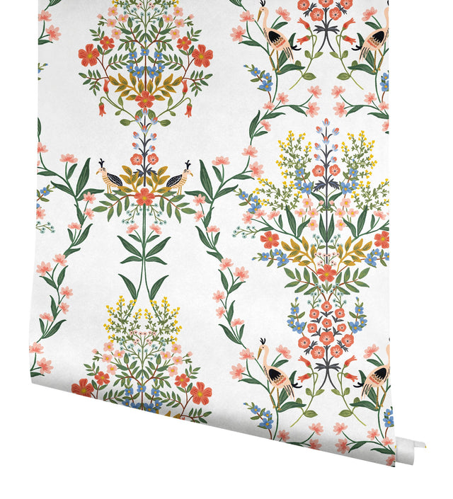 Luxembourg White Peel & Stick Wallpaper with Botanical Bird Medallion Pattern - York PSW1327RL