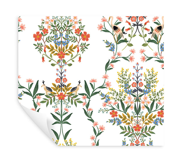 Luxembourg White Peel & Stick Wallpaper with Botanical Bird Medallion Pattern - York PSW1327RL