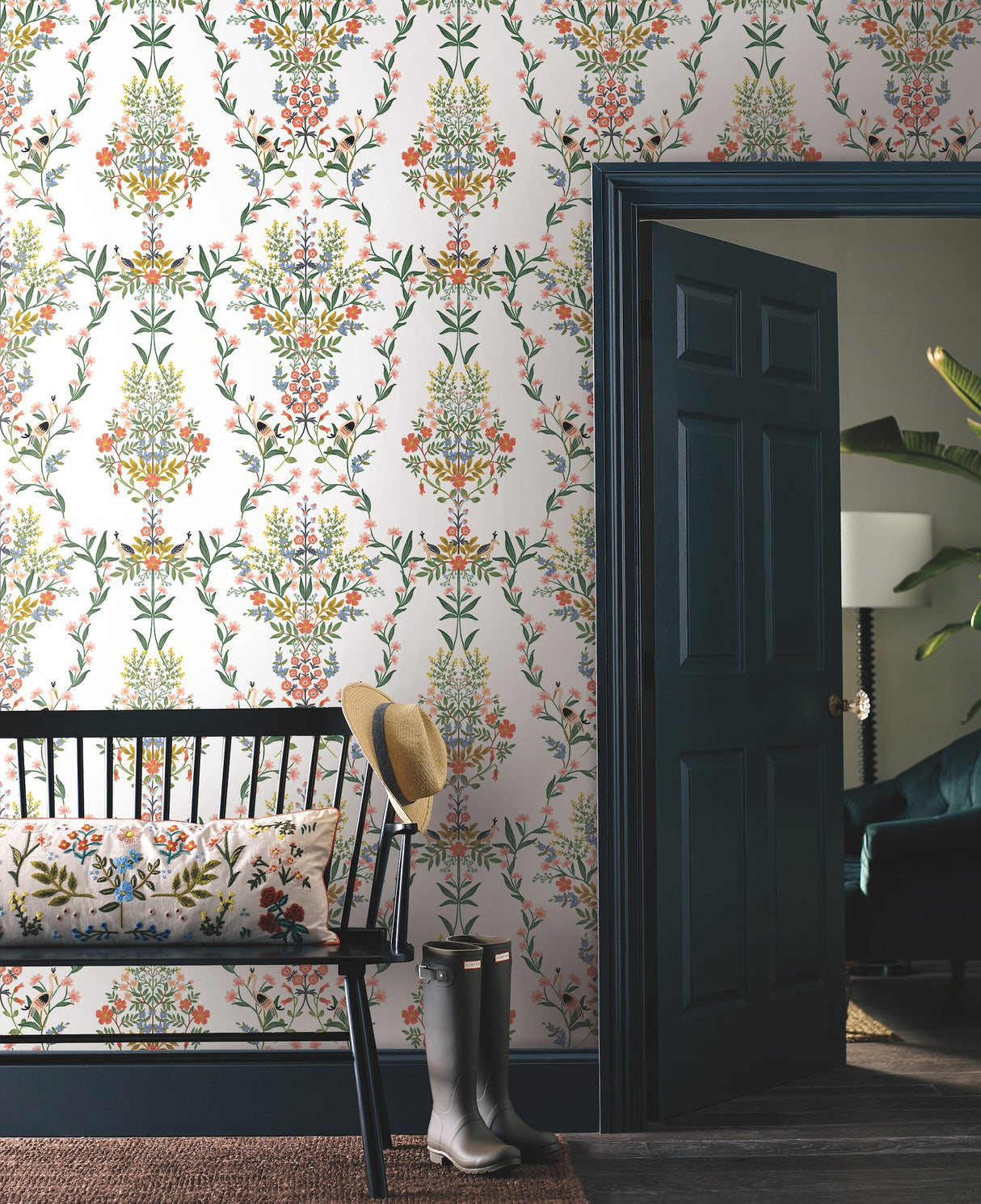 Luxembourg White Peel & Stick Wallpaper with Botanical Bird Medallion Pattern - York PSW1327RL