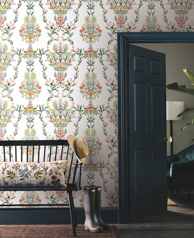Luxembourg White Peel & Stick Wallpaper with Botanical Bird Medallion Pattern - York PSW1327RL