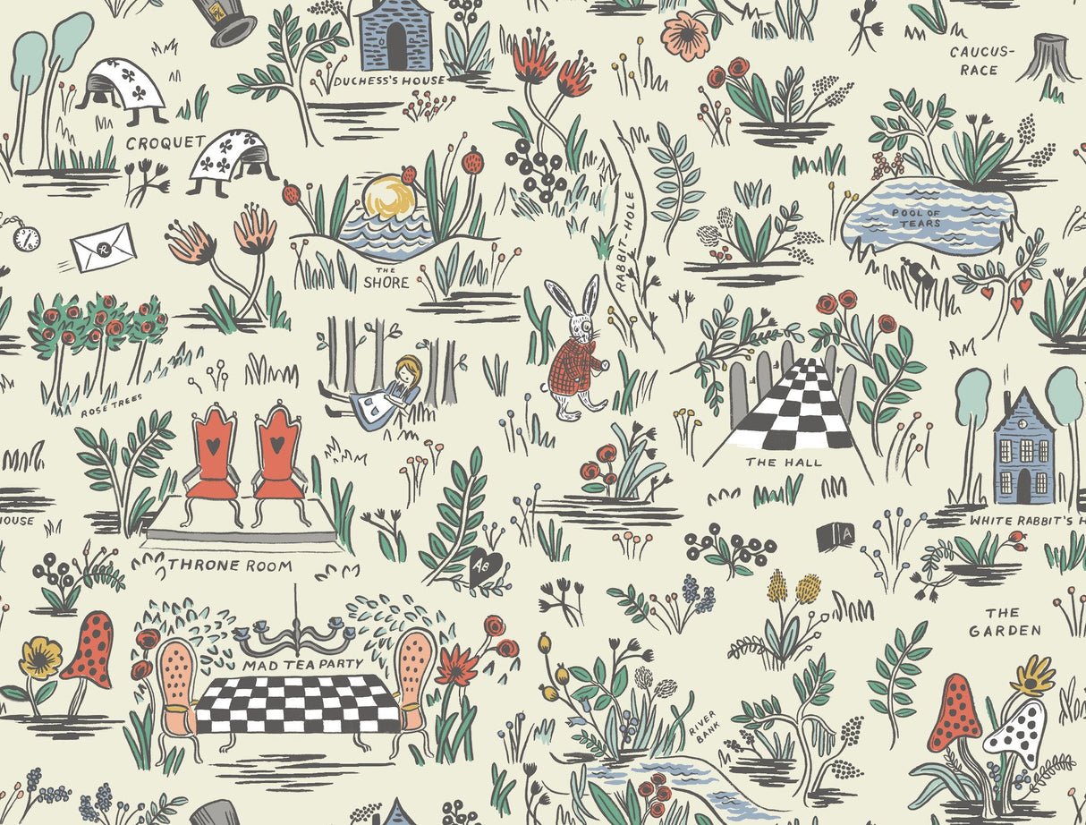 Wonderland Pastel Peel & Stick Wallpaper with Novelty Alice-in-Wonderland Illustrations - York PSW1330RL