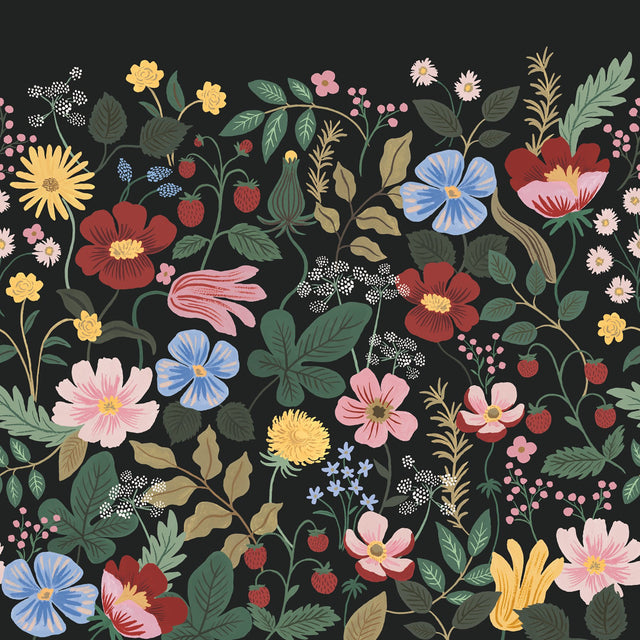 Strawberry Fields Black Peel & Stick Wall Mural with Whimsical Floral Pattern - York PSW1333M