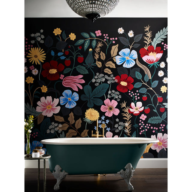 Strawberry Fields Black Peel & Stick Wall Mural with Whimsical Floral Pattern - York PSW1333M