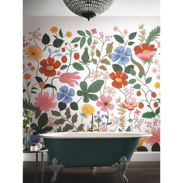 Strawberry Fields White Peel & Stick Wall Mural with Whimsical Floral Pattern - York PSW1334M