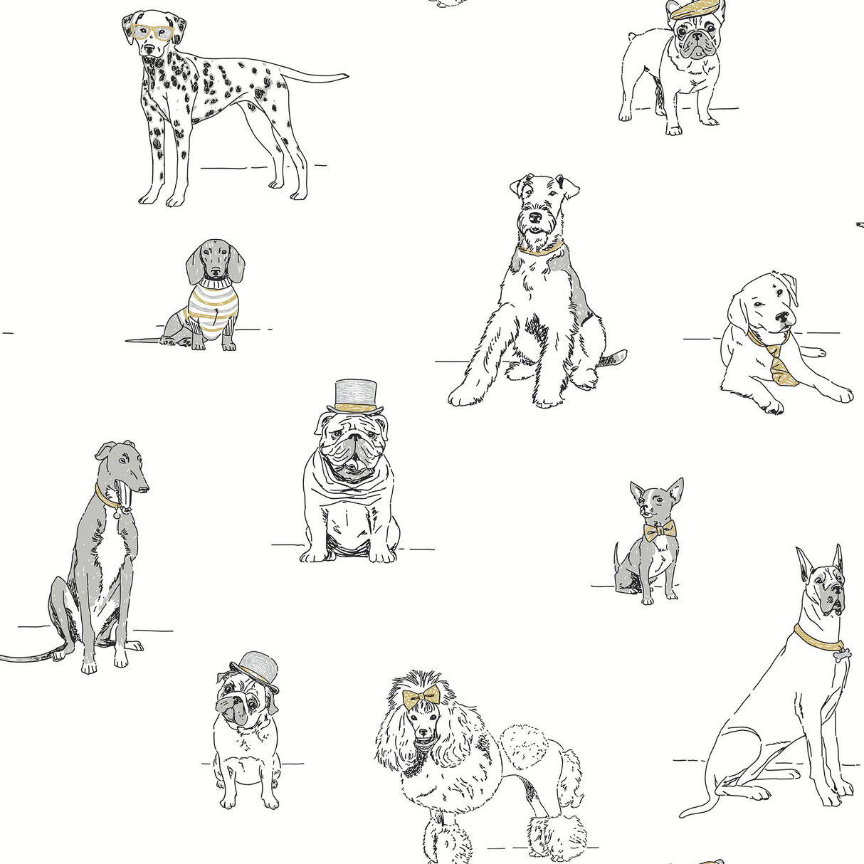 Dog's Life Silver & Gold Peel & Stick Wallpaper with Dogs Sketch Motif - York PSW1339RL