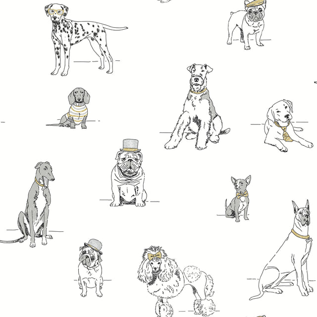 Dog's Life Silver & Gold Peel & Stick Wallpaper with Dogs Sketch Motif - York PSW1339RL