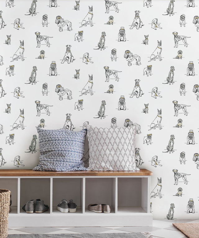 Dog's Life Silver & Gold Peel & Stick Wallpaper with Dogs Sketch Motif - York PSW1339RL