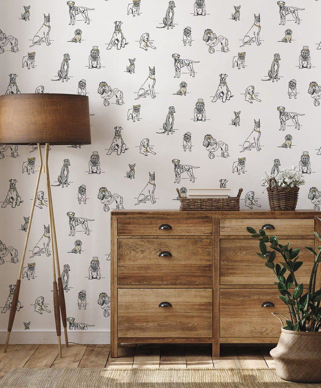 Dog's Life Silver & Gold Peel & Stick Wallpaper with Dogs Sketch Motif - York PSW1339RL