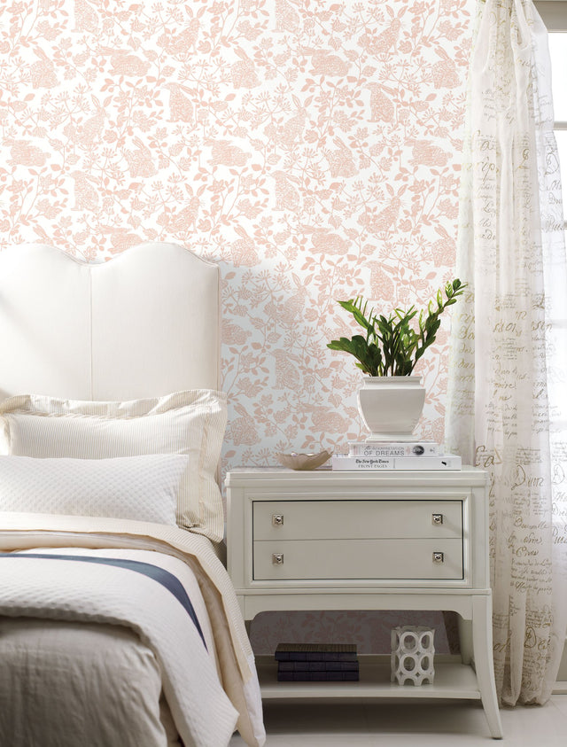 Botanical Bunnies Pink Peel & Stick Wallpaper with Matte Non-Woven Finish - York PSW1343RL