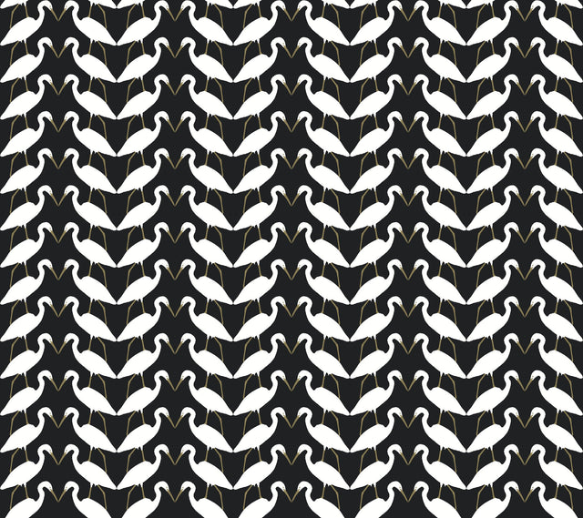 Elegant Birds Black & Gold Metallic Peel & Stick Wallpaper with Metallic Egrets Motif - York PSW1345RL