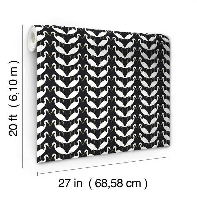 Elegant Birds Black & Gold Metallic Peel & Stick Wallpaper with Metallic Egrets Motif - York PSW1345RL