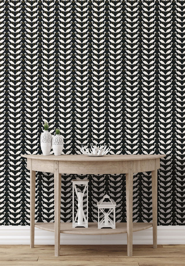Elegant Birds Black & Gold Metallic Peel & Stick Wallpaper with Metallic Egrets Motif - York PSW1345RL