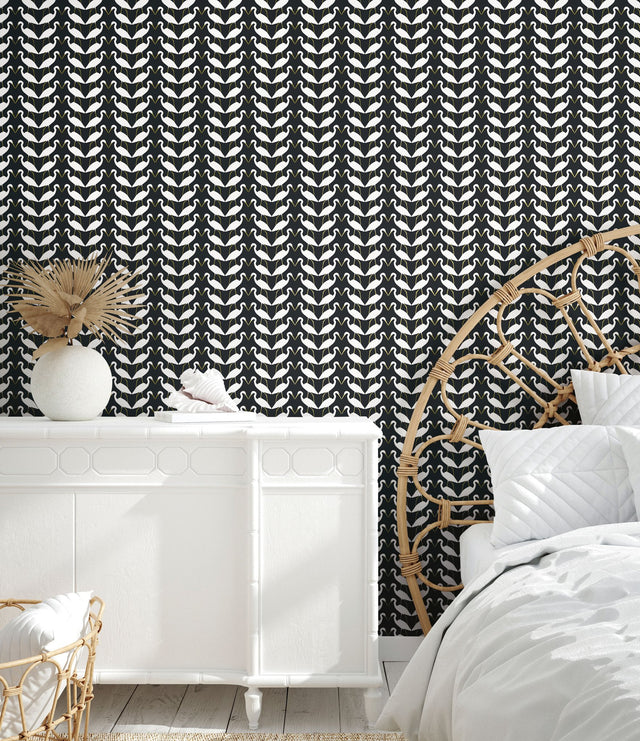 Elegant Birds Black & Gold Metallic Peel & Stick Wallpaper with Metallic Egrets Motif - York PSW1345RL