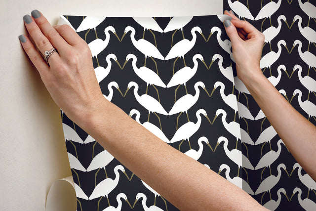 Elegant Birds Black & Gold Metallic Peel & Stick Wallpaper with Metallic Egrets Motif - York PSW1345RL