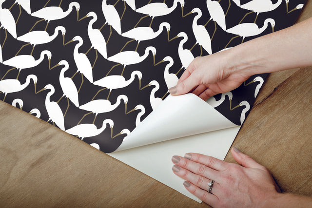 Elegant Birds Black & Gold Metallic Peel & Stick Wallpaper with Metallic Egrets Motif - York PSW1345RL