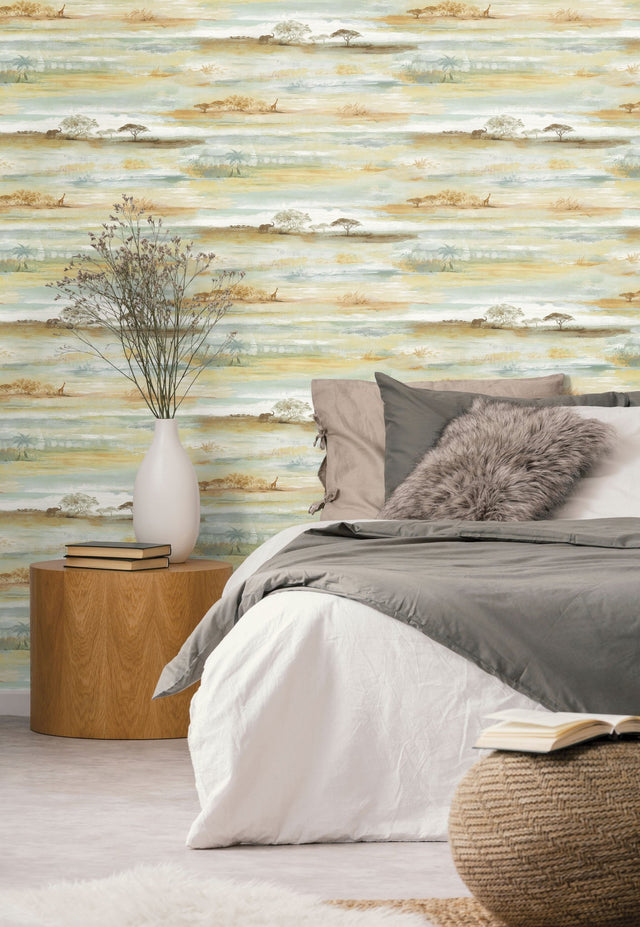 Savanna Sunset Beige Peel & Stick Wallpaper with Wildlife Motif, Matte Non Woven - York PSW1348RL