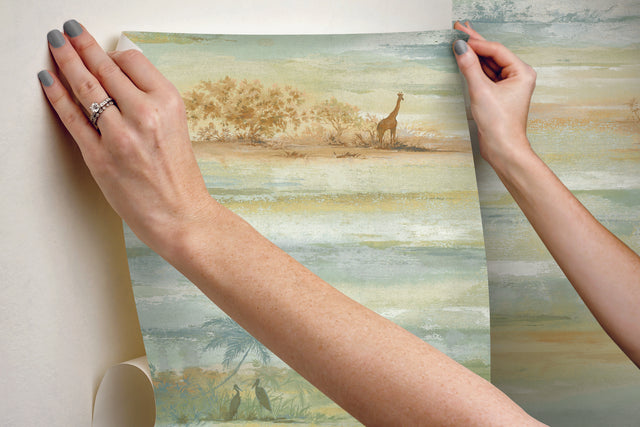 Savanna Sunset Beige Peel & Stick Wallpaper with Wildlife Motif, Matte Non Woven - York PSW1348RL