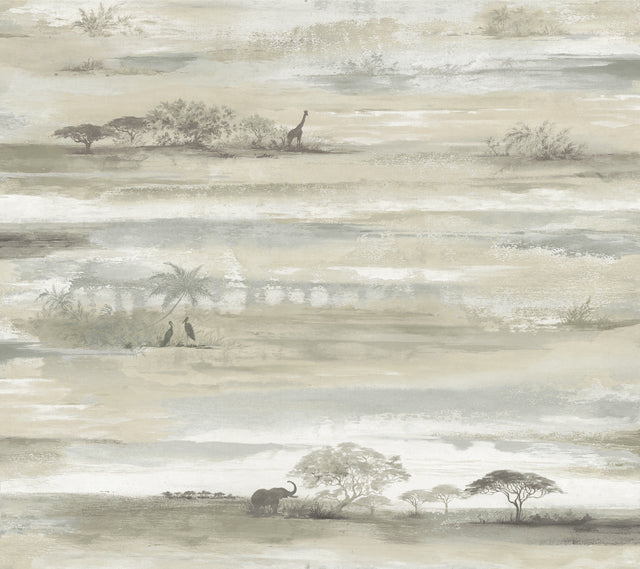 Savanna Sunset Brown Peel & Stick Wallpaper with Wildlife Landscape Pattern, Matte Non-Woven - York PSW1349RL