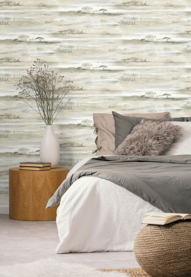 Savanna Sunset Brown Peel & Stick Wallpaper with Wildlife Landscape Pattern, Matte Non-Woven - York PSW1349RL