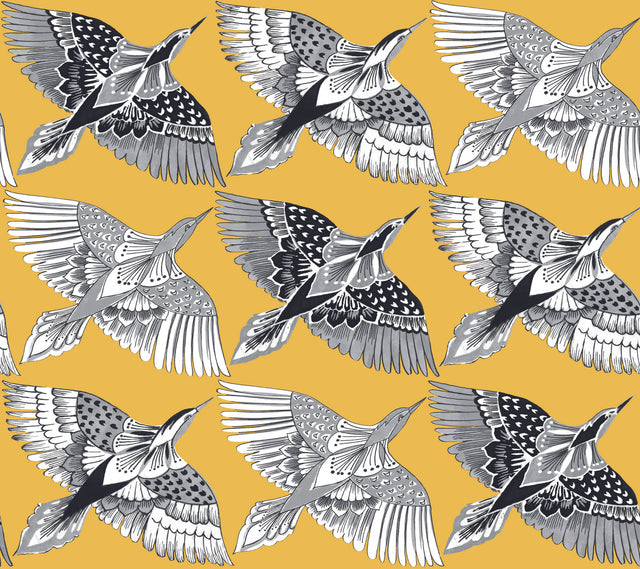 Feather Flight Yellow Peel & Stick Wallpaper with Graphic Birds Motif - York PSW1350RL