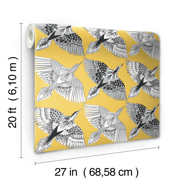 Feather Flight Yellow Peel & Stick Wallpaper with Graphic Birds Motif - York PSW1350RL