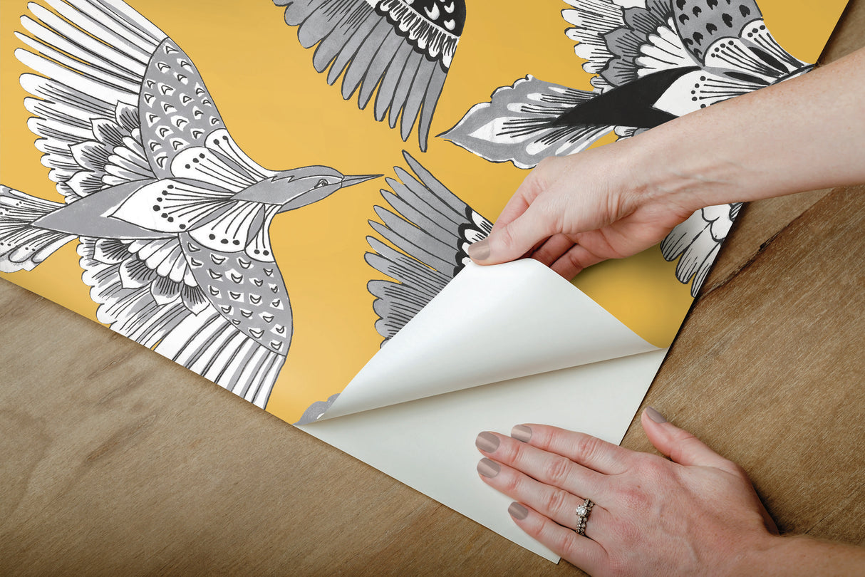 Feather Flight Yellow Peel & Stick Wallpaper with Graphic Birds Motif - York PSW1350RL