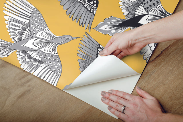 Feather Flight Yellow Peel & Stick Wallpaper with Graphic Birds Motif - York PSW1350RL